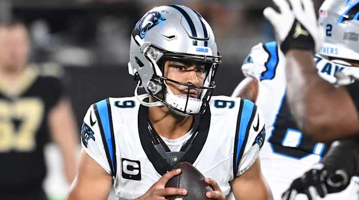 Panthers quarterback Bryce Young looks to pass